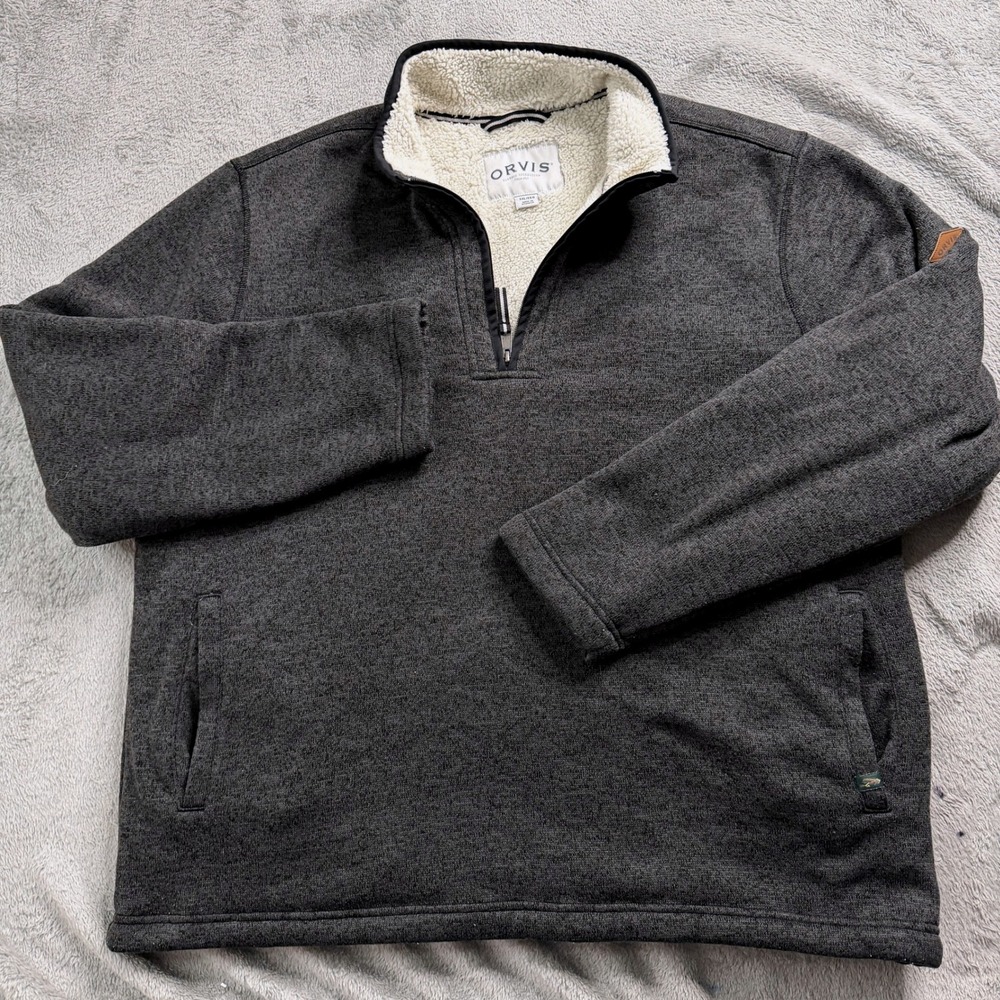 Orvis Mens XXL Gray Sherpa Lined Quarter Zip Pullover Sweater Fleece Jacket